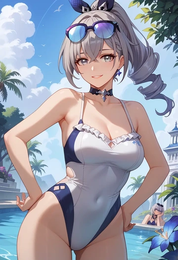 star rail,silver wolf,retro style swimsuit,frilled neckline,bow detail  - AI generated anime art